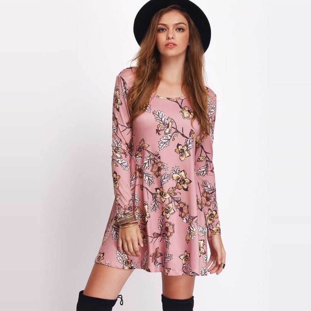 🌸 Rosy Pink Floral A Line Long Sleeve Swing Dress - Picture 1 of 5